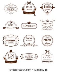 Set of vintage labels with ecological thematics - natural, organic, and quality guarantee labels.