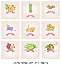 Set of vintage labels: figs, almonds, pumpkin, cucumber, asparagus, beets, apples, garlic, olives