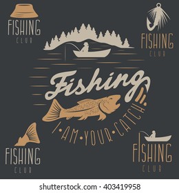 set of vintage labels with fishing theme