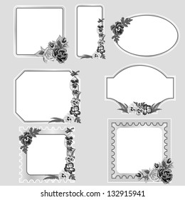Set of vintage labels. Frame with flowers. Black-and-white.