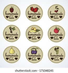 Set of vintage labels for fruit jams. Vector illustration.