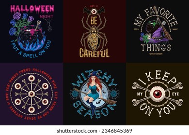 Set of vintage labels with halloween symbols, text. Bright colorful creative vintage illustration