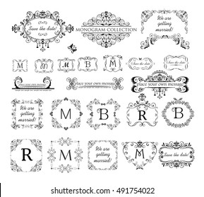 Set of vintage labels, headers and frames for wedding invitation, greeting card, logo templates, monogram, menu card, restaurant, cafe, hotel, jewellery store