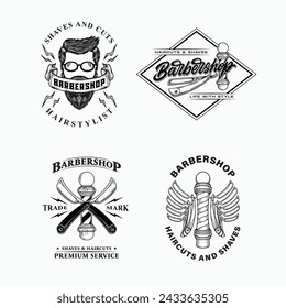 Set of vintage labels illustration for barbershop. Vector badge logo design concept. Black color on white background