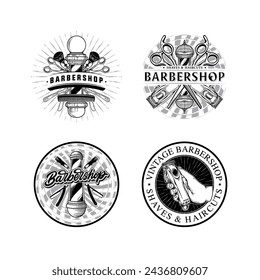 Set of vintage labels illustration for barbershop. Vector badge logo design concept. Black color on white background