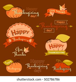 Set of vintage labels and inscriptions Thanksgiving, seasonal logos in color, holiday concept, Give Thanks design elements, vector illustration