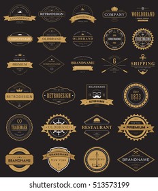 Set of vintage labels logo with crown and anchor, arrow and ribbon. Restaurant insignia or shop banner, store label. Premium old badge or classic product certificate, retro symbol for branding