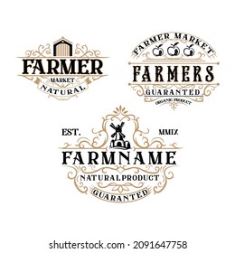set of vintage labels. Logotypes or badges design. Trendy vintage style illustration, farm natural organic products food.