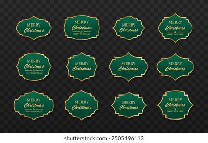 Set of Vintage labels for merry Christmas. Greeting cards. Banners realistic detailed curved papers or ribbons green color.