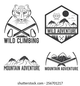 set of vintage labels mountain adventure with snow leopard