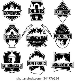 set of vintage labels mountain adventure, hiking and climbing
