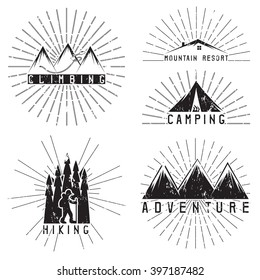 set of vintage labels mountain adventure, climbing and camping