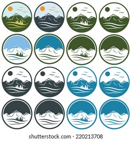 set of vintage labels with mountains ,pines,sun and birds