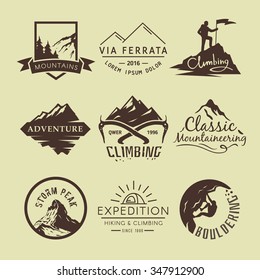 Set Of Vintage Labels On The Theme Of Climbing, Trekking, Hiking, Mountaineering. Extreme Sports, Outdoor Recreation, Adventure In The Mountains, Vacation. Achievement. 