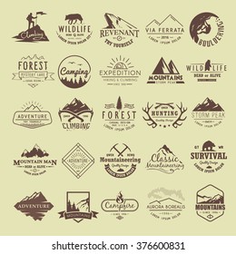Set of vintage labels on the theme of Climbing, Trekking, Hiking, Mountaineering, Hunting. Extreme sports, outdoor recreation, adventure in the mountains, vacation. Achievement. 