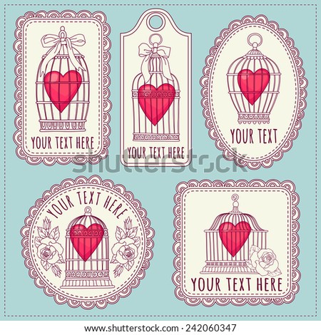 Set with vintage labels and postcards. Vintage bird cages. Valentine'S Day.