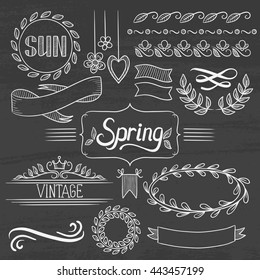 Set of vintage labels, ribbons, frames, banners and elements. Spring concept. Hand drawn in chalk on a blackboard vector sketch illustration.