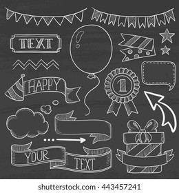 Set of vintage labels, ribbons, frames, banners and elements for party or birthday invitation. Hand drawn in chalk on a blackboard vector sketch illustration.