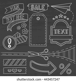 Set of vintage labels, ribbons, frames, banners, advertisements and elements. Sale concept. Hand drawn in chalk on a blackboard vector sketch illustration.