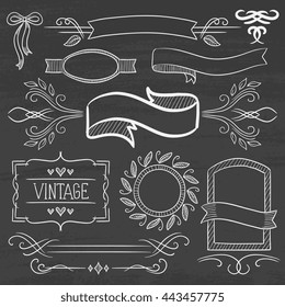 Set of vintage labels, ribbons, frames, banners, logo and advertisements. Hand drawn in chalk on a blackboard vector sketch illustration.