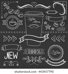 Set of vintage labels, ribbons, frames, banners, logo and advertisements for menu board for restaurant and coffee shop. Hand drawn in chalk on a blackboard vector sketch illustration.