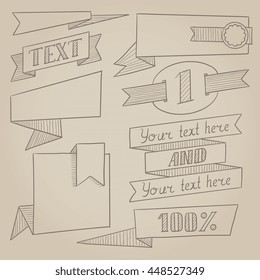 Conjunto de etiquetas vintage, fitas, quadros, banners, logotipo e anúncios. Ilustração de esboço vetorial desenhado à mão. Fundo vintage de papel velho.