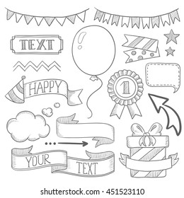Set of vintage labels, ribbons, frames, banners and elements for party or birthday invitation. Hand drawn vector sketch illustration on white background.