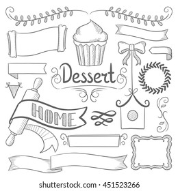 Set of vintage labels, ribbons, frames, banners, logo and advertisements for bakery menu board. Hand drawn vector sketch illustration on white background.
