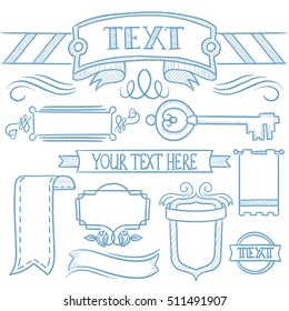 Set of vintage labels, ribbons, frames, banners, logo and advertisements. Hand drawn vector sketch illustration on white background.