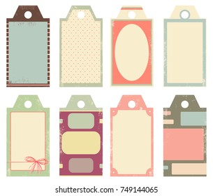 Set von Vintage-Etiketten im schicken Stil mit Dots-Muster, Rahmen, Bogen, Grunge-Textur. Vektor Template Collection für Scrapbooking Design, Gruß, Dekoration, Einladung. EPS8