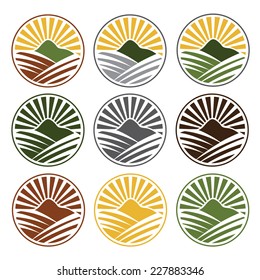 set of vintage labels with sun ,mountains and farm