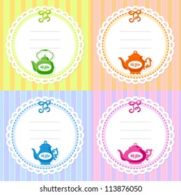 Set of vintage lace frames with colorful teapot