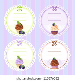 Set of vintage lace frames with dessert and berry image: cupcake and blackberry
