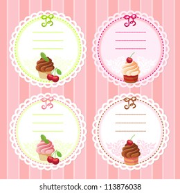 Set of vintage lace frames with dessert and berry image: cupcake and cherry
