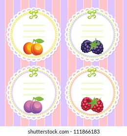 Set of vintage lace frames with fruit and berry image: apricot, blackberry, plum, raspberry