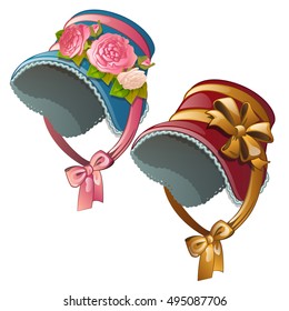 A set of vintage ladies hats isolated on a white background. Cartoon vector close-up illustration.
