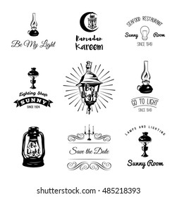 Set of vintage lamps and lighting logo, emblems, badge and design elements. Vector illustration. Lantern, holder candle, flame, lamp.