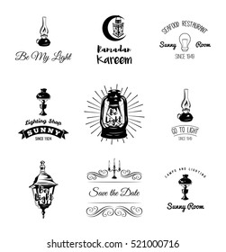 Set of vintage lamps and lighting logo, emblems, badge and design elements. Vector illustration. Lantern, holder candle, flame, lamp. Isolated On White