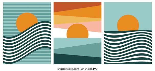 Set of vintage landscape backgrounds with sun and sea waves. Retro tapestries in boho style. Vector