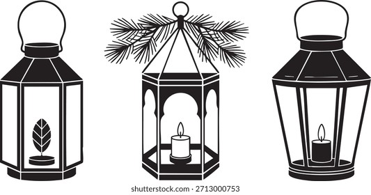 Conjunto de linternas de Antiguas con velas y decoraciones de pino