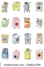 A set of vintage laundry machine. Obsolete domestic technology. Cartoon. Caricature.