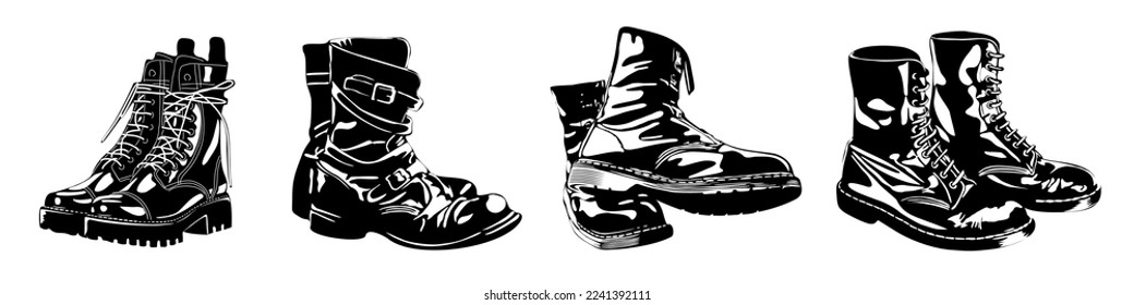 Set of vintage leather boots. Modern Ankle boots, combat, army boots, hiking boots. Black ink monochrome graphic. Hand drawn engraved style vector illustration isolated on white background