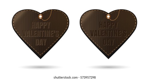 Set vintage leather hearts with congratulatory inscription - Happy Valentine's Day. Vector illustration isolated on white background