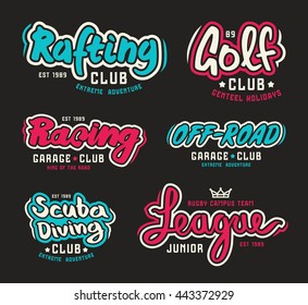 Set of vintage lettering logo  rafting, diving,  golf, ride off-road. Graphic design for t-shirt. Color print on black background