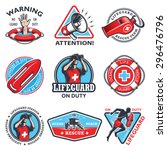 Set of vintage lifeguard colored emblems isolated on white background.