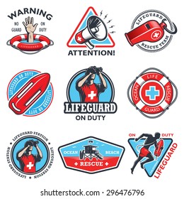 Set of vintage lifeguard colored emblems isolated on white background.