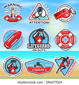 Set of vintage lifeguard colored emblems on a colored blurred background.