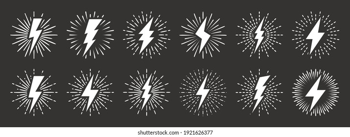 Set of vintage lightning bolts and sun rays. Lightnings with sunburst effect. Thunderbolt, electric shock sign. Vector illustration.