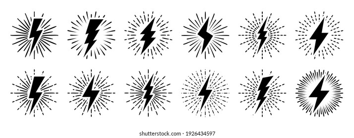 Set of vintage lightning bolts and sun rays isolated on white background. Lightnings with sunburst effect. Thunderbolt, electric shock sign. Vector illustration.