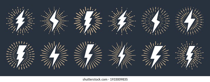 Set of vintage lightning bolts and sun rays isolated on white background. Lightnings with sunburst effect. Thunderbolt, electric shock sign. Vector illustration.